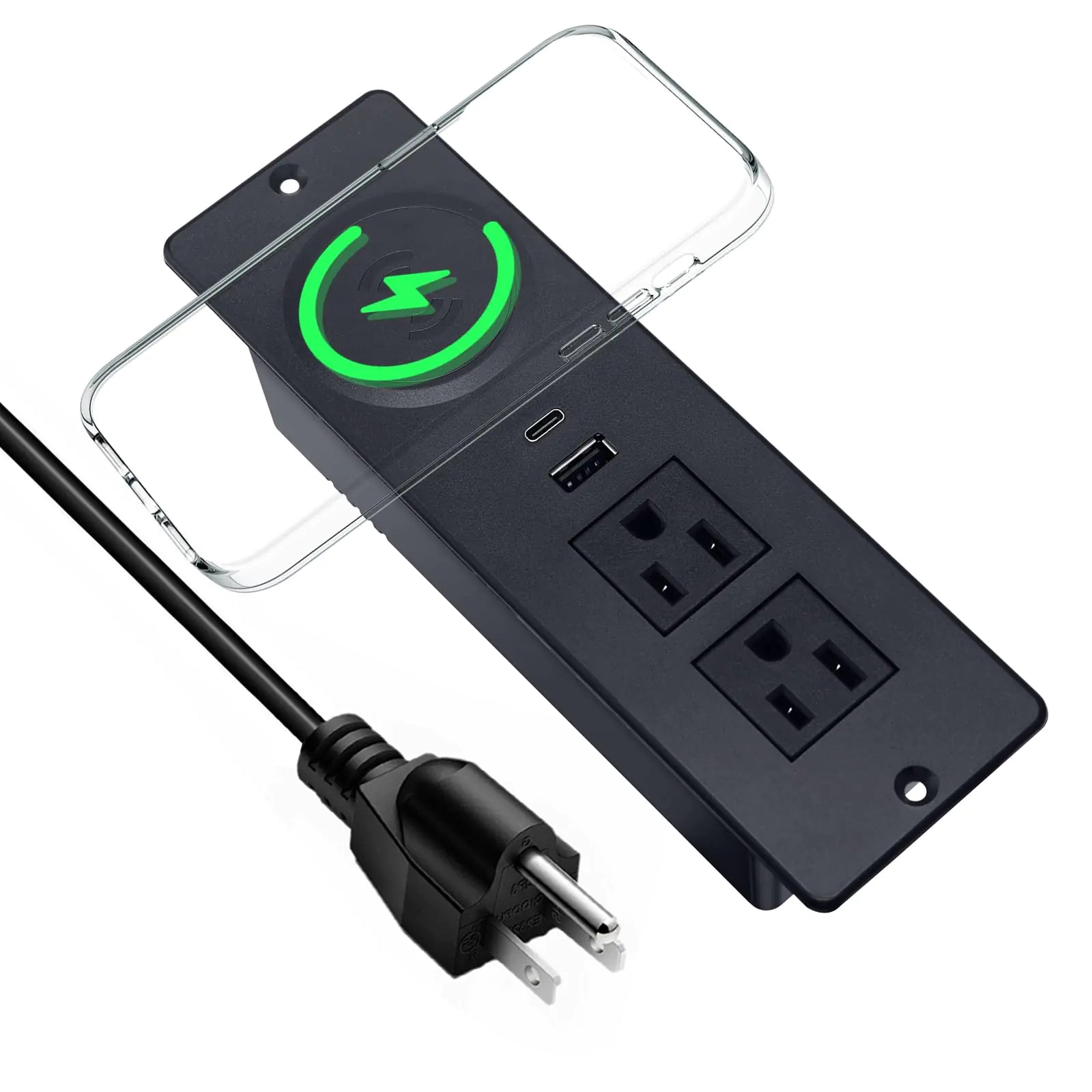 Recessed Power Strip with 15W Wireless ChargerFurniture Recessed Outlet with USB C Fast ChargingDesktop Charging Station & 2 Outlets2 USB Ports Table Power Strip for Furniture Home Office.