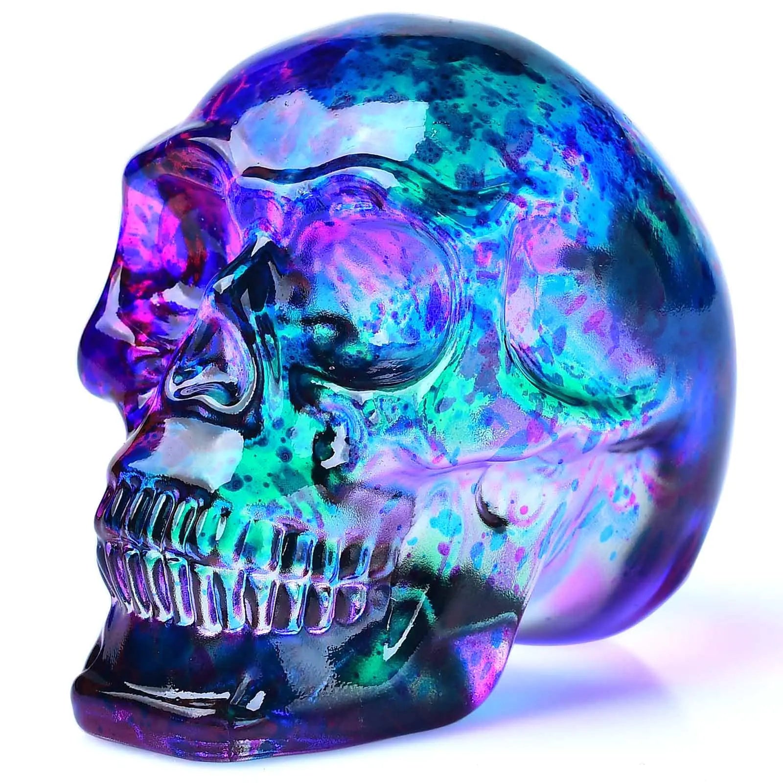 FZBHRO Crystal Skull Head Statues Skull Figurines K9 Glass Skull Gemstone Halloween Decor Gifts for Women Plating Purple Green 2.8"