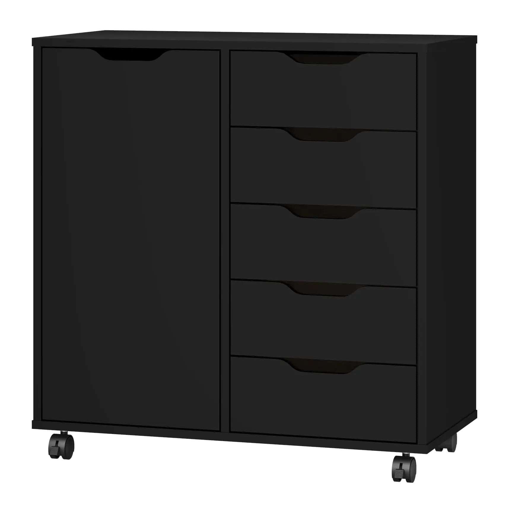 Panana 5-Drawer Chest with 1 Door Wooden Chest of Drawers Storage Dresser Cabinet with Wheels Office Organization and Storage Bedroom Furniture (Black-S)