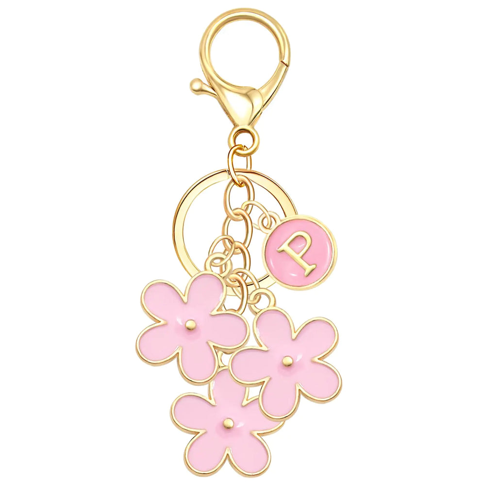 Cute Keychain Pink Flower Initial Letter Keychains for Women Flower Bag Charms Cute Letter Keyring for Handbag Backpack Purse Aesthetic Kawaii Keychain Accessories Funny Initial Keychains Charm-Pink P