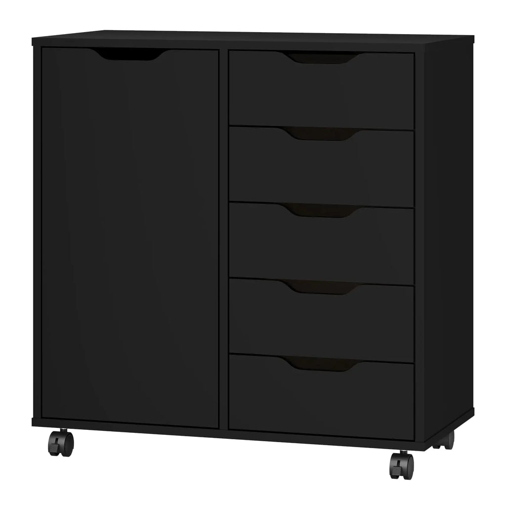 Panana 5-Drawer Chest with 1 Door Wooden Chest of Drawers Storage Dresser Cabinet with Wheels Office Organization and Storage Bedroom Furniture (Black-S)